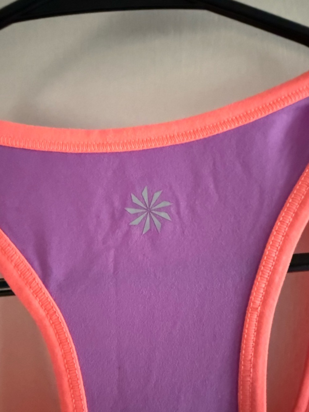 2 Athleta Tanks - Neon Coral Racerback Tank w Purple Liner and Aqua Blue Size L - Picture 9 of 9